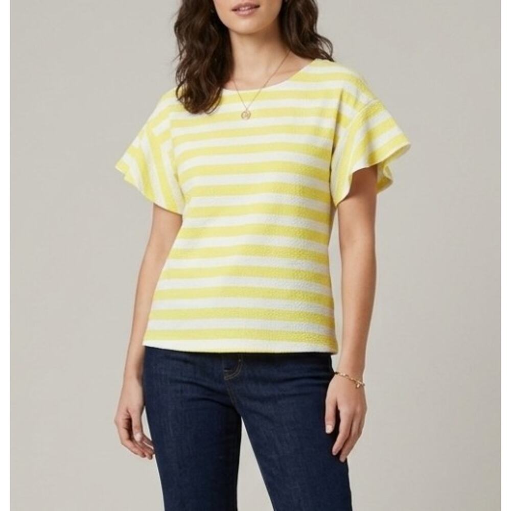 Anthropologie Postmark Edie Yellow Striped Flutter Sleeve Top Women Sz M Preppy